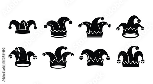 Collection of black jester hats with various designs and perspectives