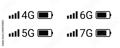 4G 5G 6G 7G mobile network signal icons with battery On Transparent Background