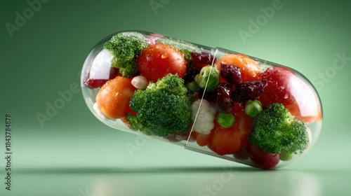 A creative representation of healthy living, this image showcases vibrant vegetables contained within a transparent capsule, symbolizing nutrition and the importance of fresh produce.
