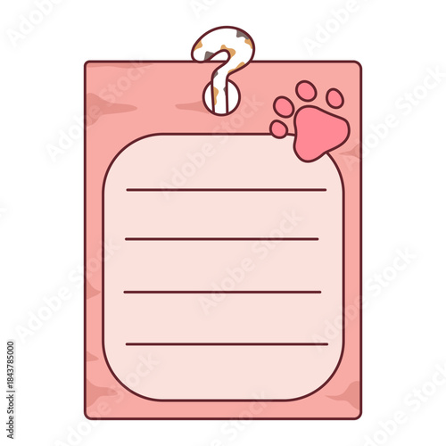 Cat themed pink sticky note memo pad with paw print and tail question mark