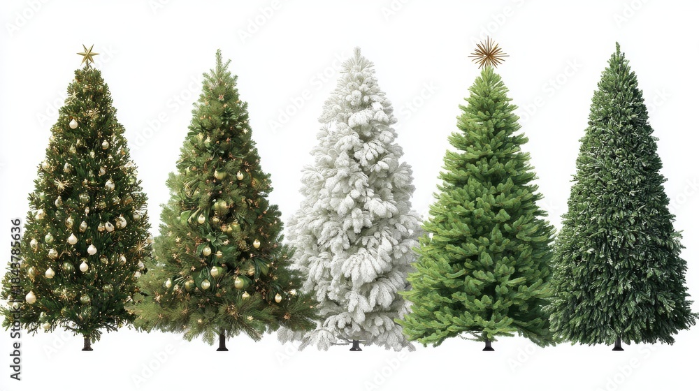 Obraz premium christmas tree set including metallic bare green tinsel white and decorated styles with various toppers isolated holiday season collection