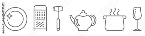 Kitchenware line icon set featuring clean dishes, cooking pot, wine glass, teapot, grater and saucepan. Editable outline symbols for cooking, kitchen utensils and culinary illustration