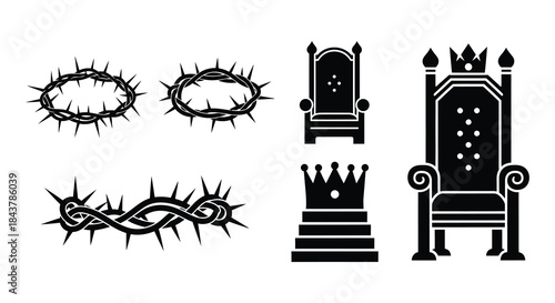 Religious and royal emblems crown of thorns throne shield and weaponry icons