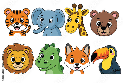 big set of cute cartoon animal faces, vector illustrations of safari, jungle, forest, and zoo wildlife characters including lion, tiger, elephant, giraffe, bear, fox, toucan, and crocodile.