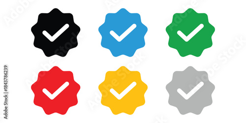 Six Verified Checkmark Badges in Various Colors tick On Transparent Background