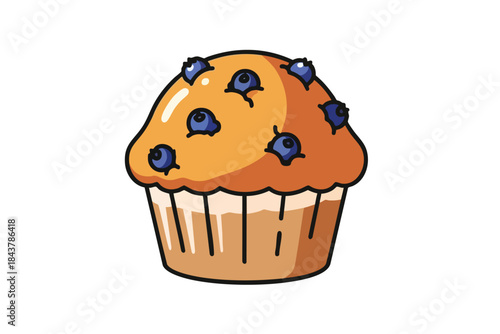 A cartoon blueberry muffin with a golden brown top and blueberries