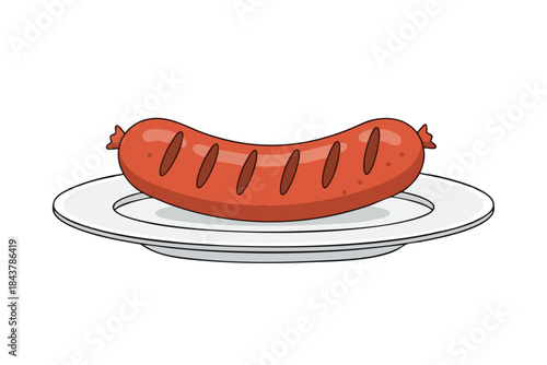 A grilled sausage rests on a white plate against a blank, white backdrop