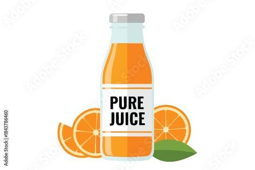 Illustration of an orange juice bottle, fruit slices, and leaf on a white backdrop