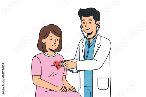 A doctor checks a patient's heart with a stethoscope; graphic of a heartbeat on chest