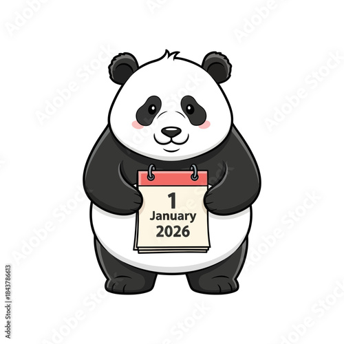 An adorable cartoon panda bear cheerfully holds up a calendar indicating the date january 1, 2026, symbolizing the new year.