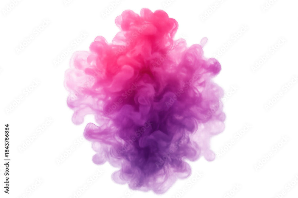 Fototapeta premium Pink and purple fluid ink cloud swirling in water creating abstract artistic shapes on transparent background