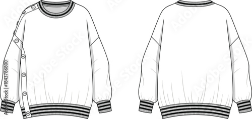 Side button sweatshirt design, fashion technical pullover sketch, garment sewing pattern outline, ribbed trim apparel template, cad drawing flat vector illustration