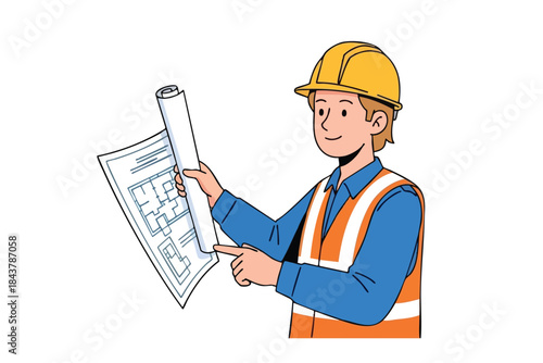 An illustration of a person in a safety vest and hard hat reviewing blueprints