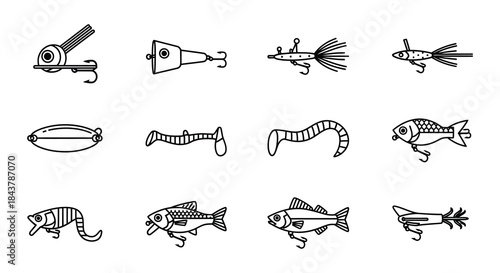 Collection of various fishing lures and fish icons in a simple line style