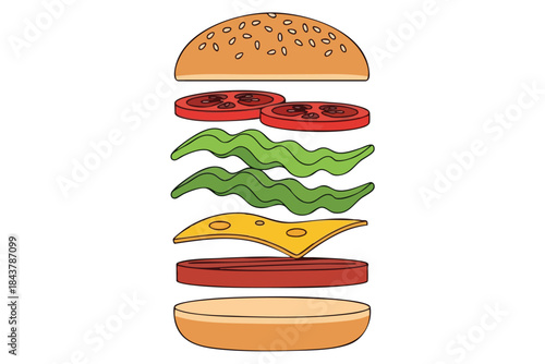 Vector illustration of a deconstructed burger with layers bun, tomato, lettuce, cheese, and patty