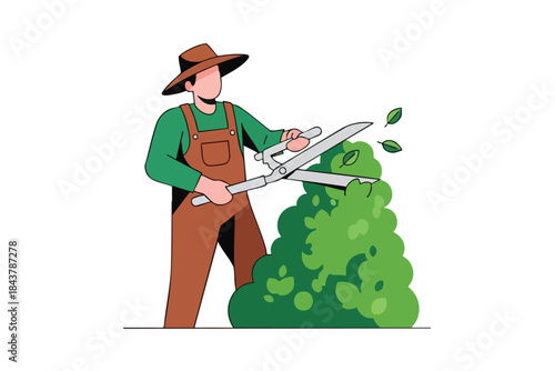 A gardener trims a bush with large shears. Leaves fall, illustration style