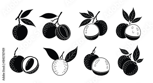 Black silhouette illustrations of java plum fruits with leaves arranged in rows