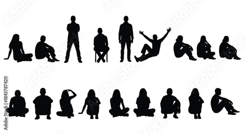 Diverse Group of People Silhouettes Collection, Vector Set of Men and Women in Various Sitting and Standing Poses, Isolated Human Figures, Design Elements for Architecture.