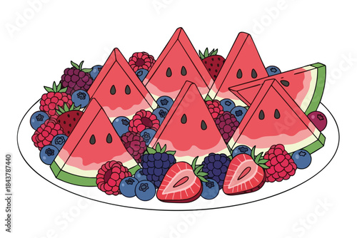 A colorful cartoon plate of watermelon wedges, strawberries, and berries
