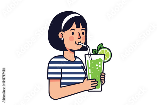 A woman in stripes drinks a green beverage with lime and leaves