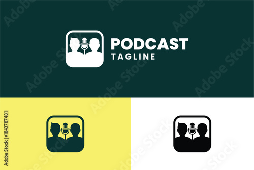 Logo for podcast with Two people talking into a microphone icon. Simple design template