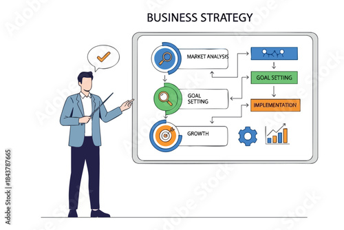 A businessman presenting a business strategy flowchart with checkmark in a bubble