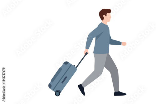 A person walking quickly and pulling a suitcase. It is a flat, minimalist illustration