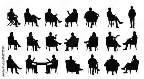 Large Detailed Vector Set of Diverse People Silhouettes, Including Men and Women Sitting on Chairs, Lounging on Floor, and Standing, Ideal for Architectural Drawings.