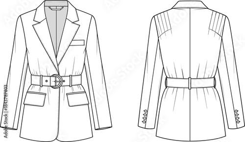 Fashion blazer technical sketch, tailored jacket flat drawing, vector apparel design, belted coat illustration, garment blueprint, womenswear fashion CAD