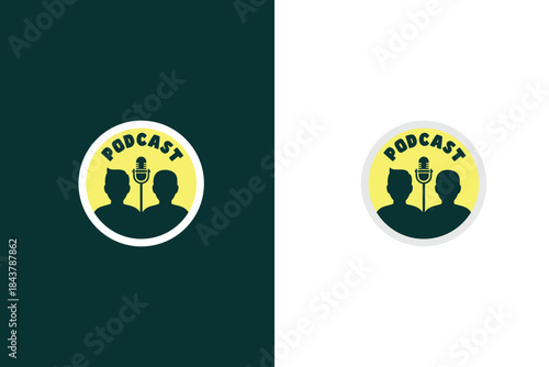 Logo for podcast with Two people talking into a microphone icon. Simple design template
