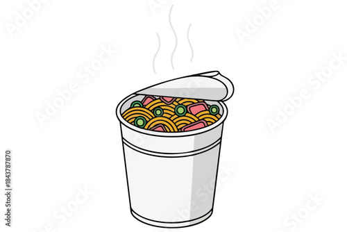 A steaming cup of instant noodles with toppings, lid partly open
