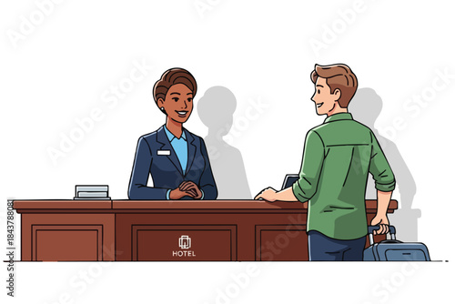 A hotel front desk clerk assists a guest with luggage