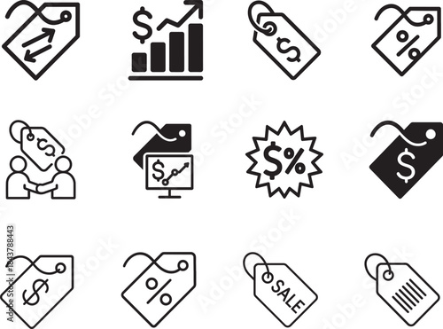 Price line editable icon set for shopping, commerce, finance, retail and business pricing use.