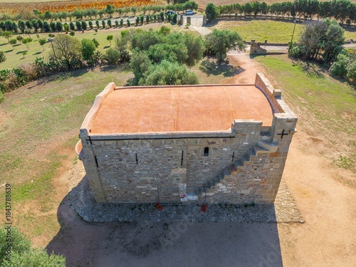 Side view of Santa Maria di Sibiola Church in Serdiana. Sardinia, Italy