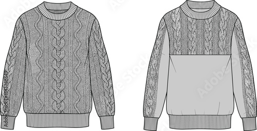 Cable knit sweater fashion design, technical apparel sketch, winter garment template, textile pattern details, cad drawing flat vector illustration