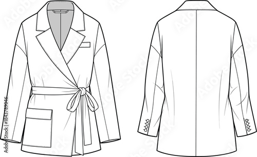 CAD drawing, flat vector illustration of women’s belted blazer, technical fashion sketch, outerwear design template, tailored jacket blueprint