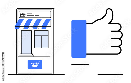 Online shopping concept. Mobile storefront with a shopping cart and approval thumbs up symbol. Online shopping enhances convenience, trust, and global retail access. E-commerce, digital marketing