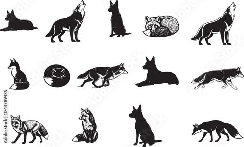 Vintage black silhouette illustrations of wolves in various poses