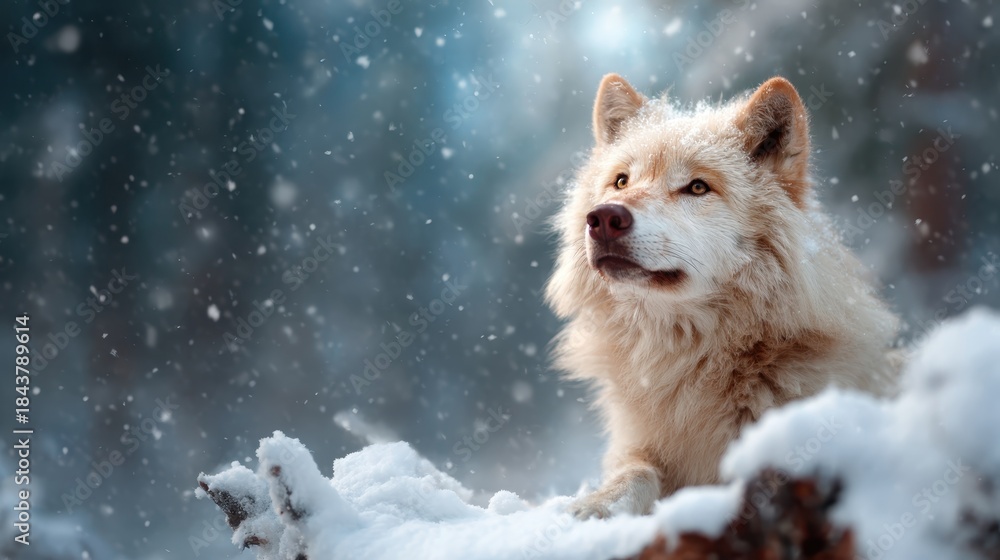 Naklejka premium A stunning arctic wolf gazes upward amidst gently falling snow, highlighting the beauty of nature and the essence of winter wilderness in a serene forest setting.