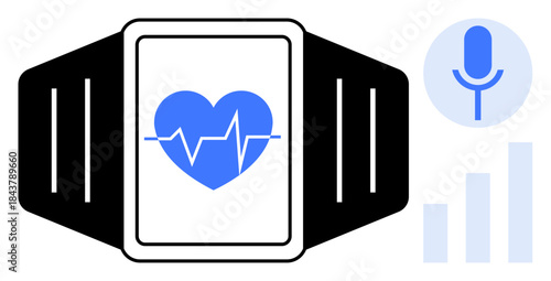 Health tracking, wearable tech, remote monitoring, telemedicine, fitness, digital health. Smartwatch with heart rate symbol, microphone icon and bar graph. Health tracking and wearable tech concept