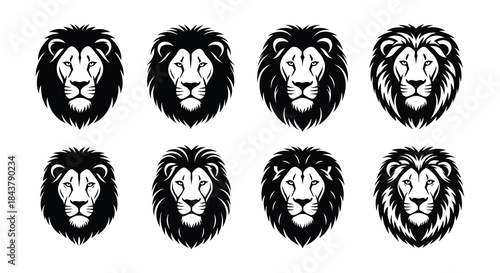 Eight black and white illustrations of majestic lion heads in various poses