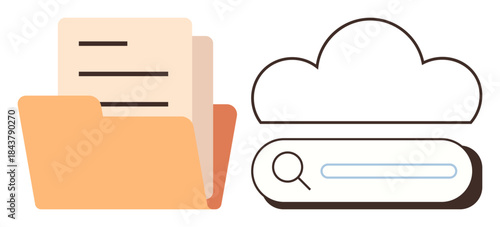Folder housing documents beside a cloud design with a search bar, representing organization, online storage, file sharing, data retrieval, teamwork, technology, and simplicity in a flat metaphor