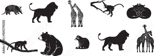 African wildlife silhouettes including lions giraffes and other animals