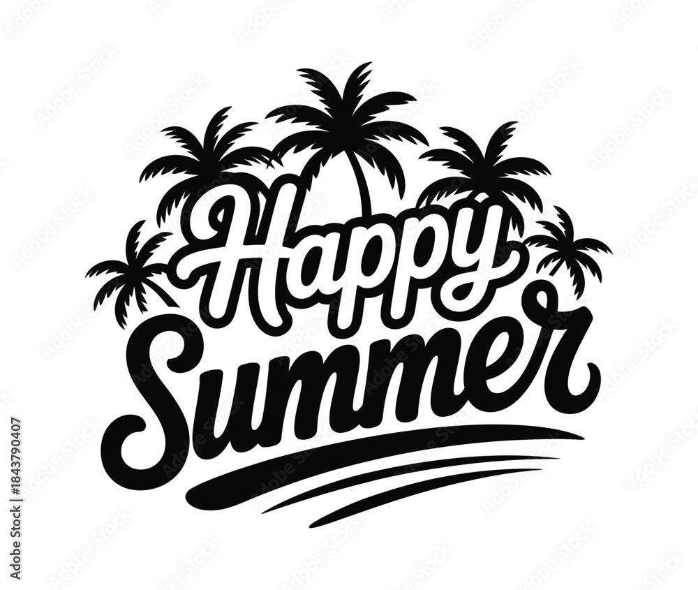 Obraz premium Happy Summer Typography and Palm Trees Vector Illustration