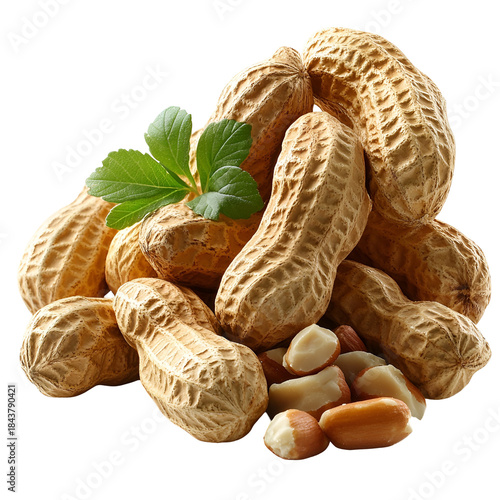 Peanuts in shells with leaves isolated on transparent background