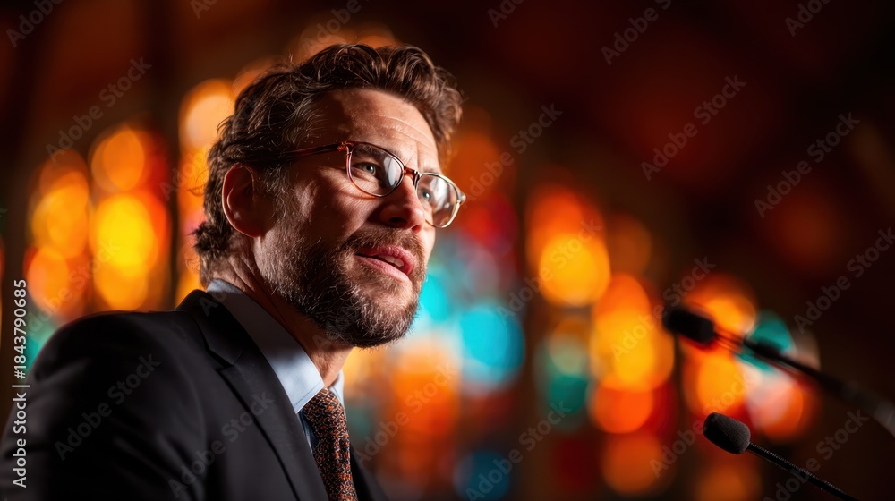 Obraz premium A confident man delivers a speech with vivid stained glass windows in the background, symbolizing intellect, inspiration, and passion for public speaking and community engagement.