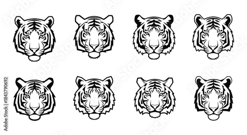 Eight black and white tiger head illustrations arranged in a grid pattern