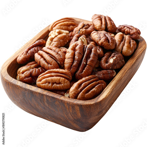 Pecan nuts in wooden bowl food product image