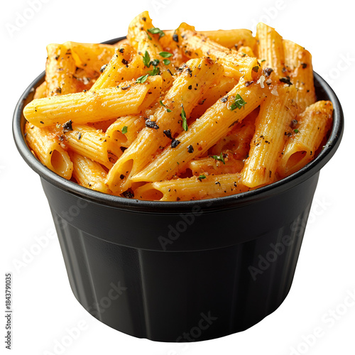 Penne pasta dish with orange sauce in a dark container