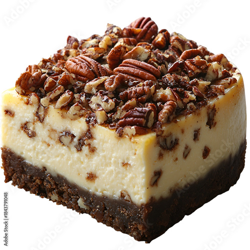 Pecan pie cheesecake dessert close up image